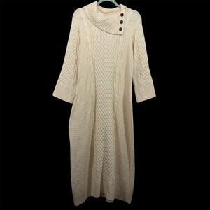 Sandra Darren Women Size 2X Cream Cable Knit Cowl Neck Button Midi Sweater Dress